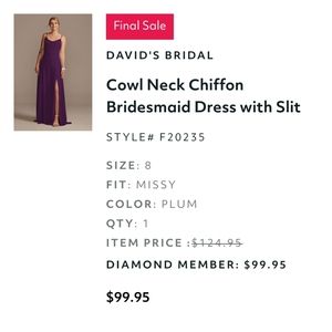 NEW David's Bridal Bridesmaid Dress